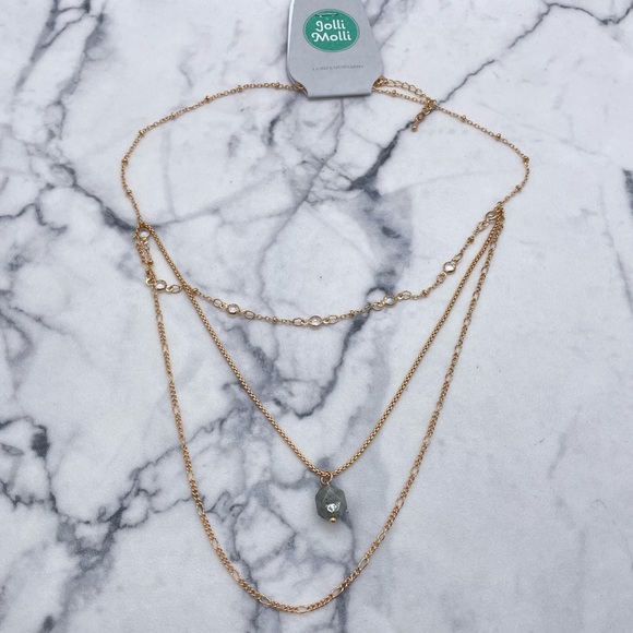 New Jolli Molli Layered Necklace Grey Stone Accent Gold Tone Chain - Picture 3 of 5